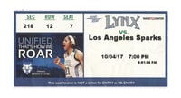 Rectangular paper ticket stub with white squares on a blue background and a color picture of Maya Moore.